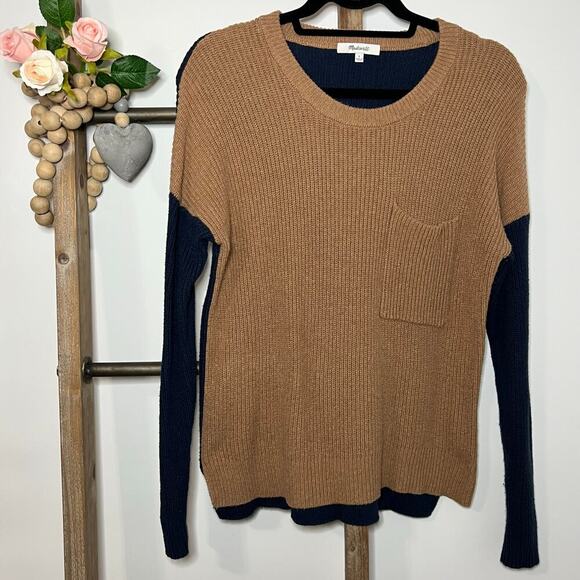 Madewell Long Sleeve Color Block Brown Navy Crew Neck Sweater Size Small - Picture 1 of 7